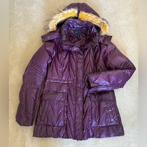 BCBGMaxazria winter puffer coat with a removable fur trimmed hood.